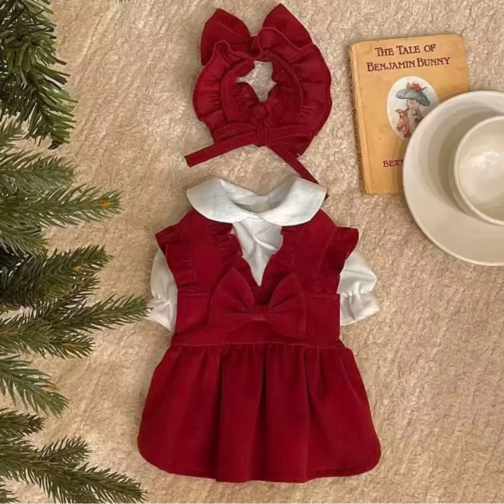 Red Velvet puppy dog Dress with Bow Christmas outfits - Picture 6 of 9